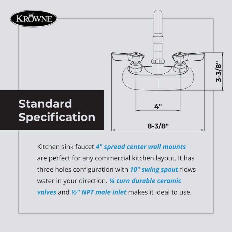 Krowne 10-410L Wall Mount Kitchen Faucet, 4" Center Mount, 10" Swing Spout, 1/2" NPS Inlets, Chrome Finish, Silver Series, NSF Certified, 10" L x 8" D, Commercial Sink Faucet - Image 2